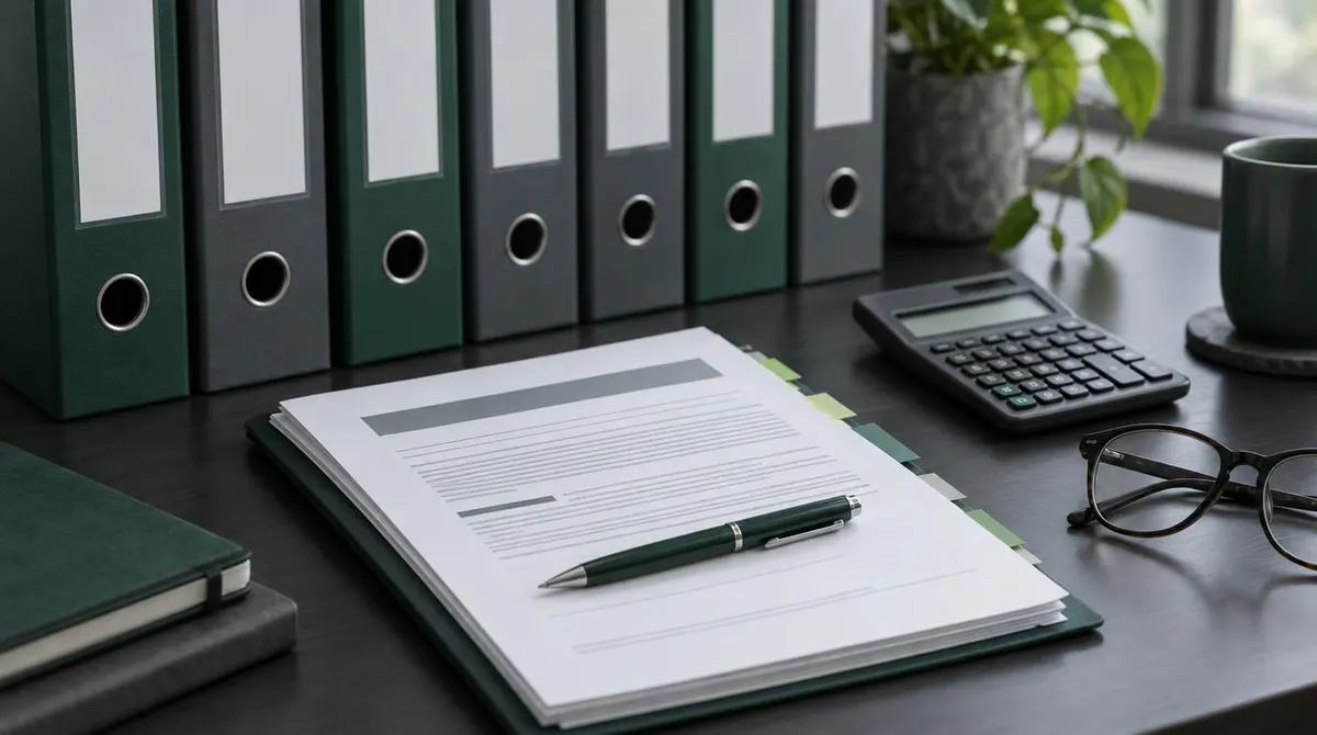 Row of ring binders and a printed standards document on a dark desk