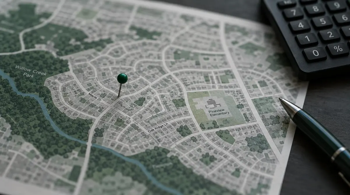 Printed suburban street map with a single pin, beside a calculator on a dark desk