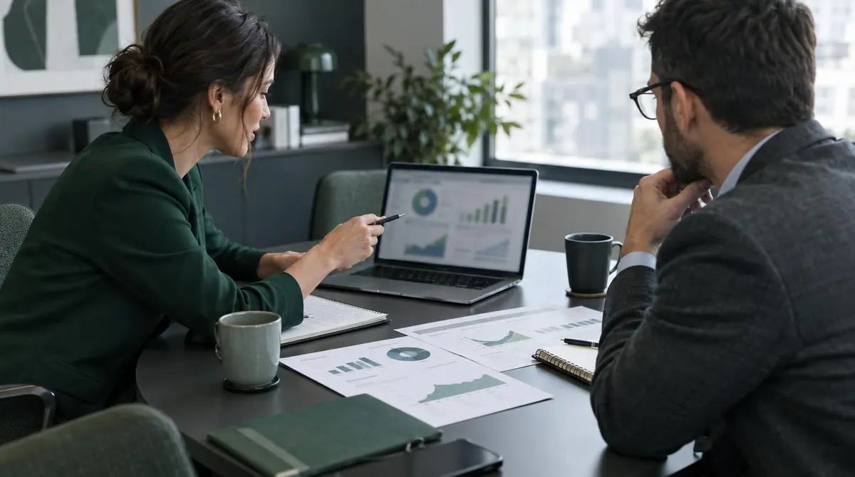 Marketing consultant and an accountant working through reports and a laptop at a meeting table