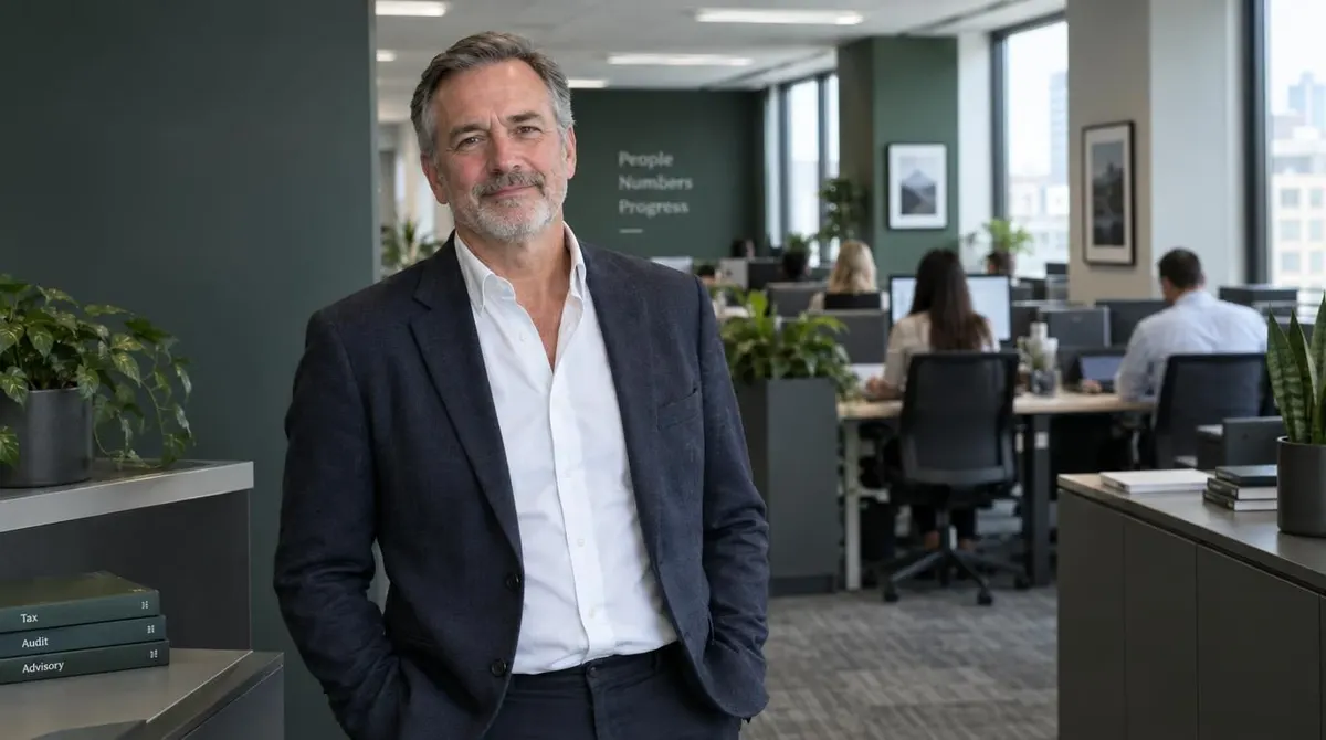 Accounting firm principal in a blazer standing in his open plan office