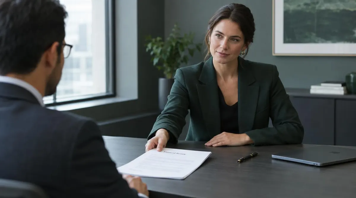 Consultant sliding a printed document back across a meeting table