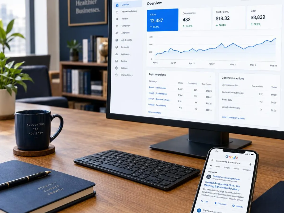 Google Ads dashboard on a desktop monitor in an accounting office